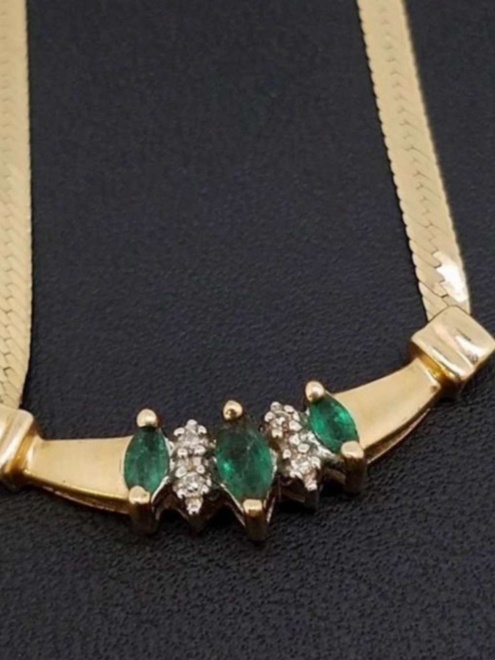 14k Yellow Gold Herringbone 16" Diamond & Emerald Necklace